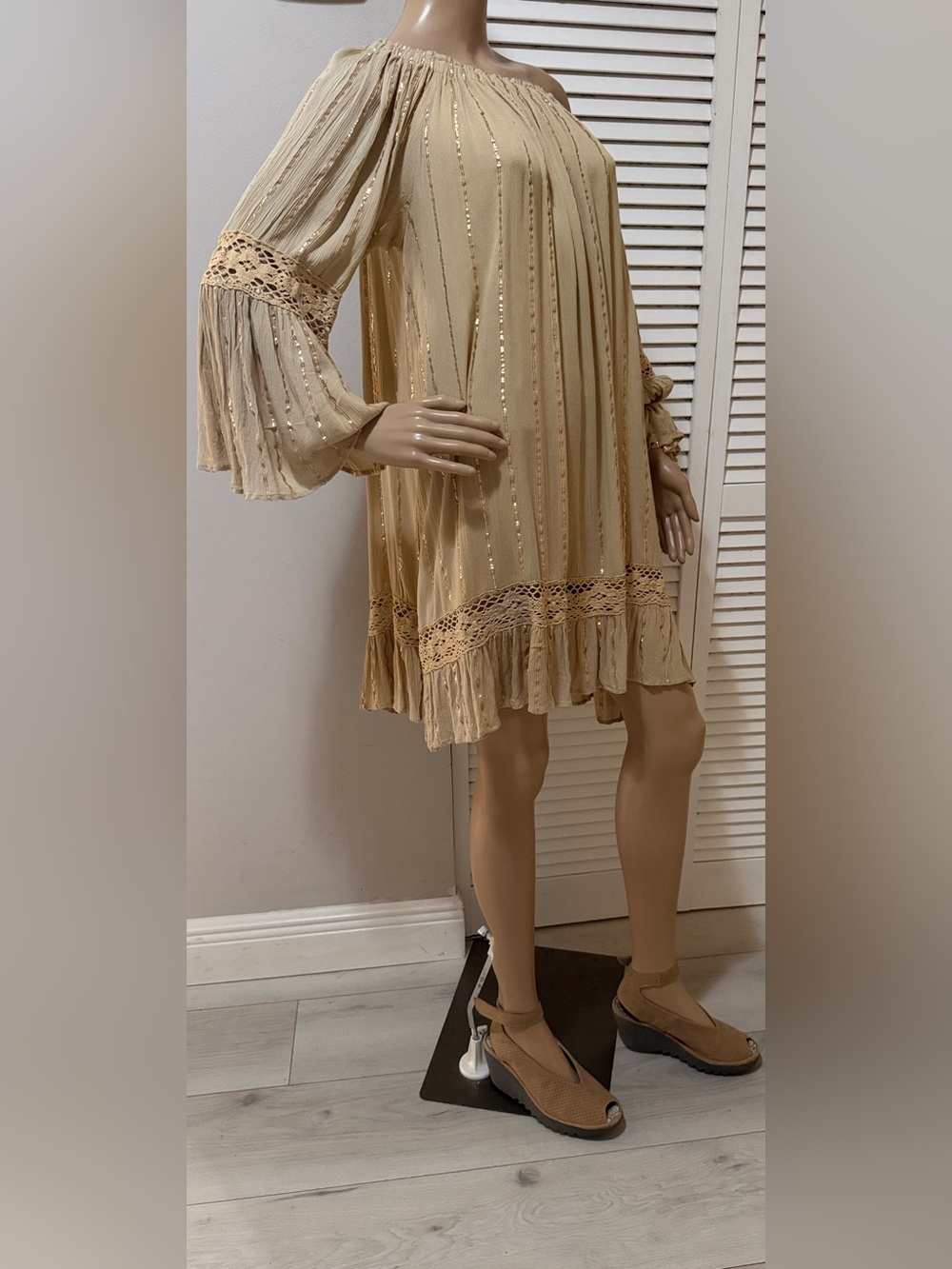 Metallic Stripe Boho Off Shoulder Dress Crochet Trim Bell Sleeve | One Size  NWT